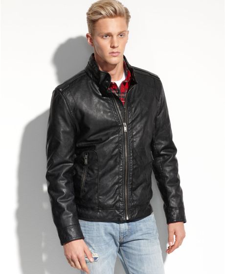 Guess Faux Leather Biker Jacket in Black | Lyst