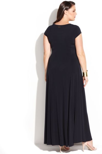 Michael Kors Plus Size Cap Sleeve Maxi Dress in Blue (Navy)