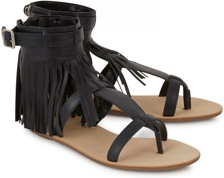 Loeffler Randall Sienna Fringed Leather Sandals in Black | Lyst