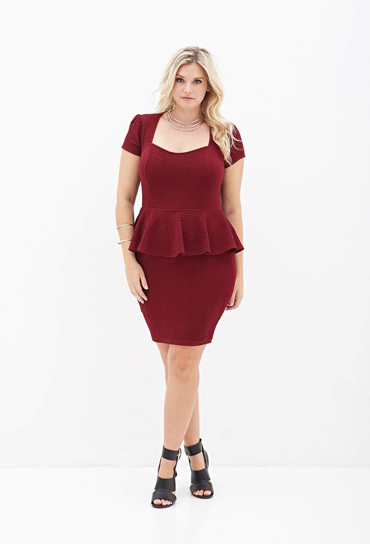 Forever 21 MatelassÃ£Â© Peplum Dress in Red (Burgundy)