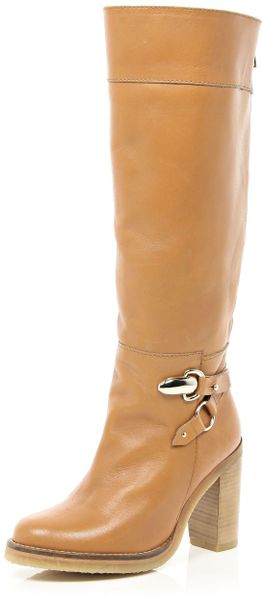 River Island Tan Block Heel Knee High Boots in Brown (tan) | Lyst