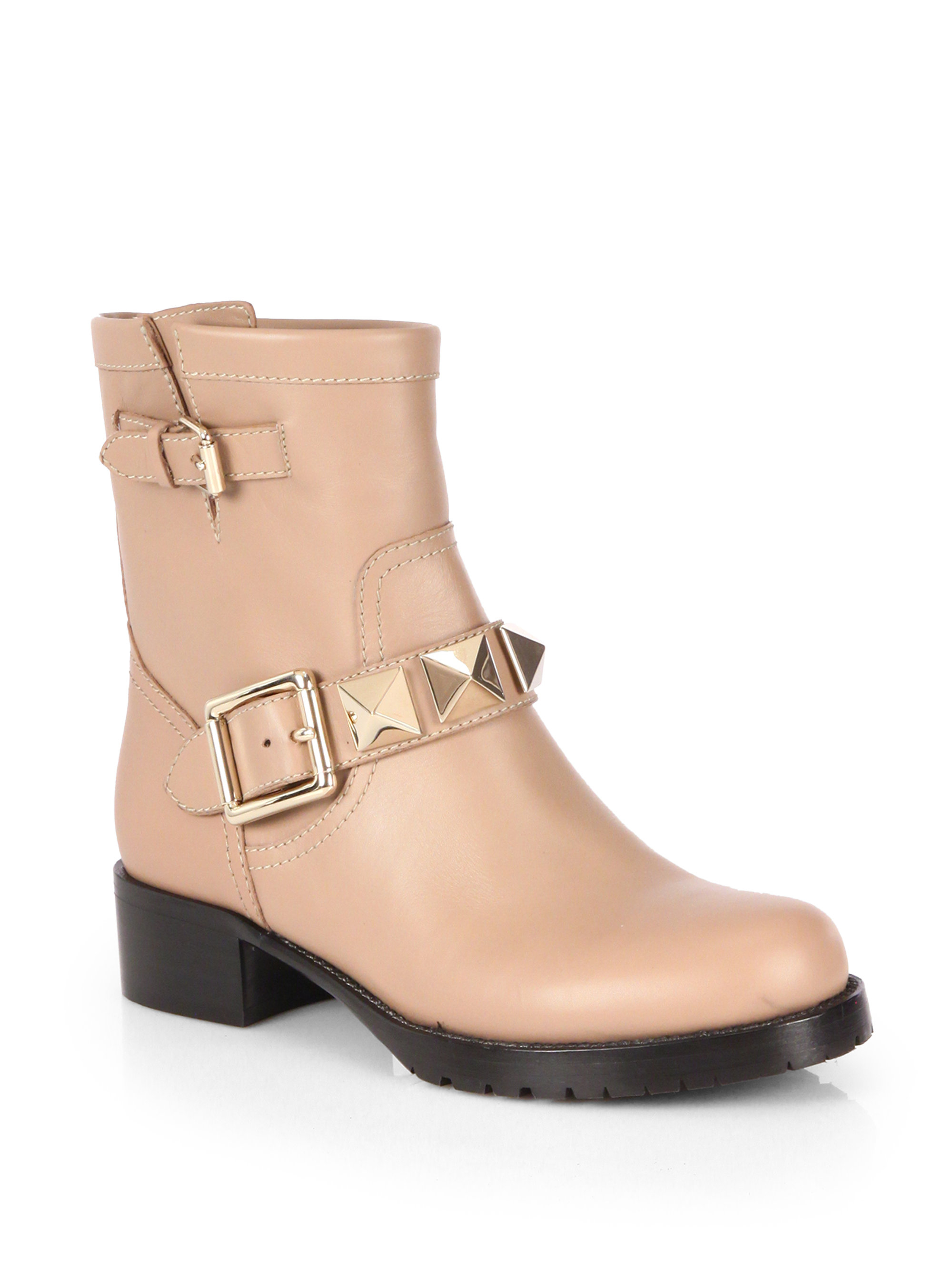 Valentino Lock Leather Studded Biker Boots in Beige (TAUPE