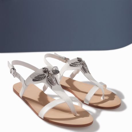 Zara Flat Leather Sandal with Decorative Detail in White | Lyst