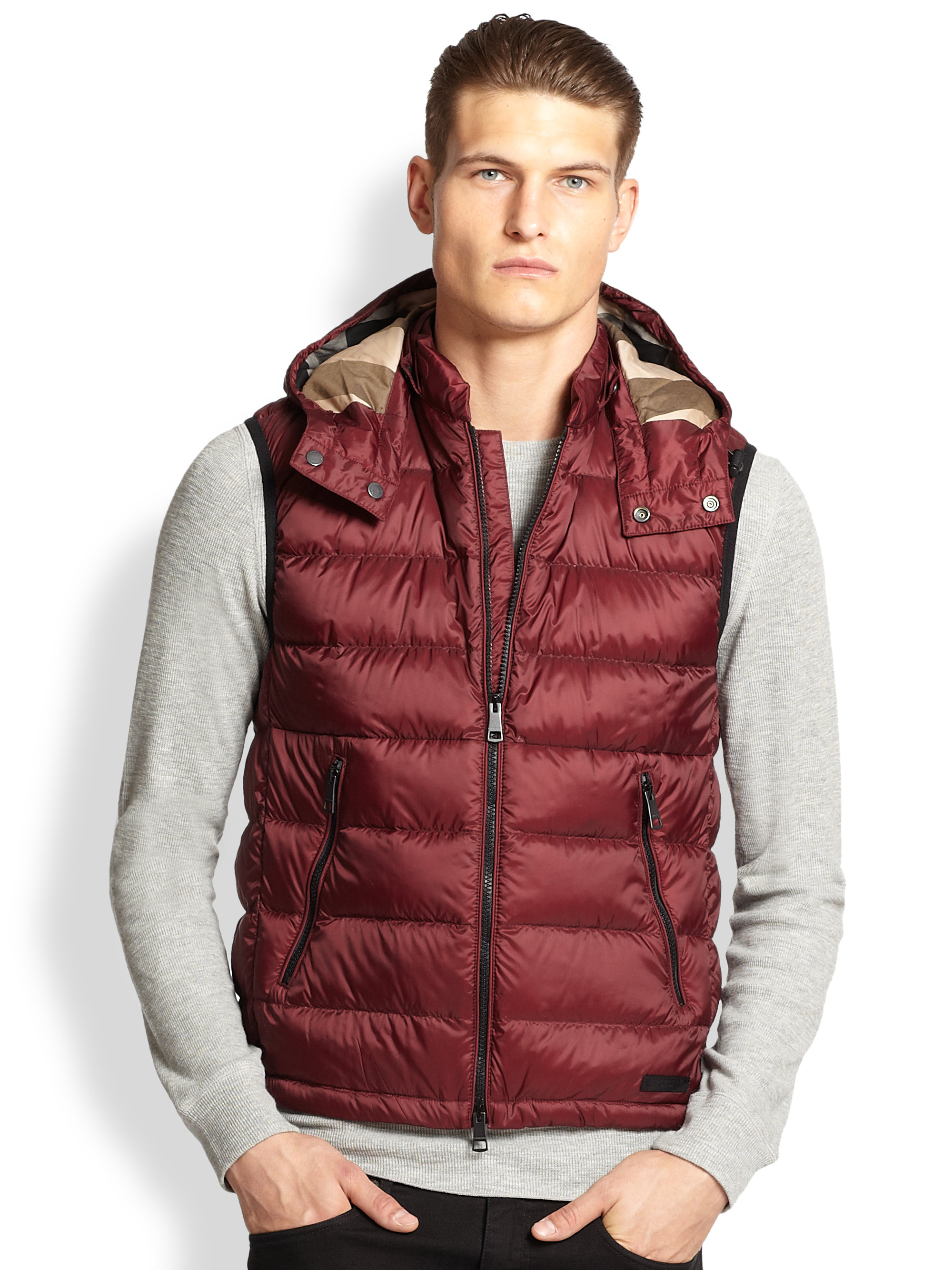 Burberry Brit Hooded Puffer Vest in Red for Men (MAROON) | Lyst
