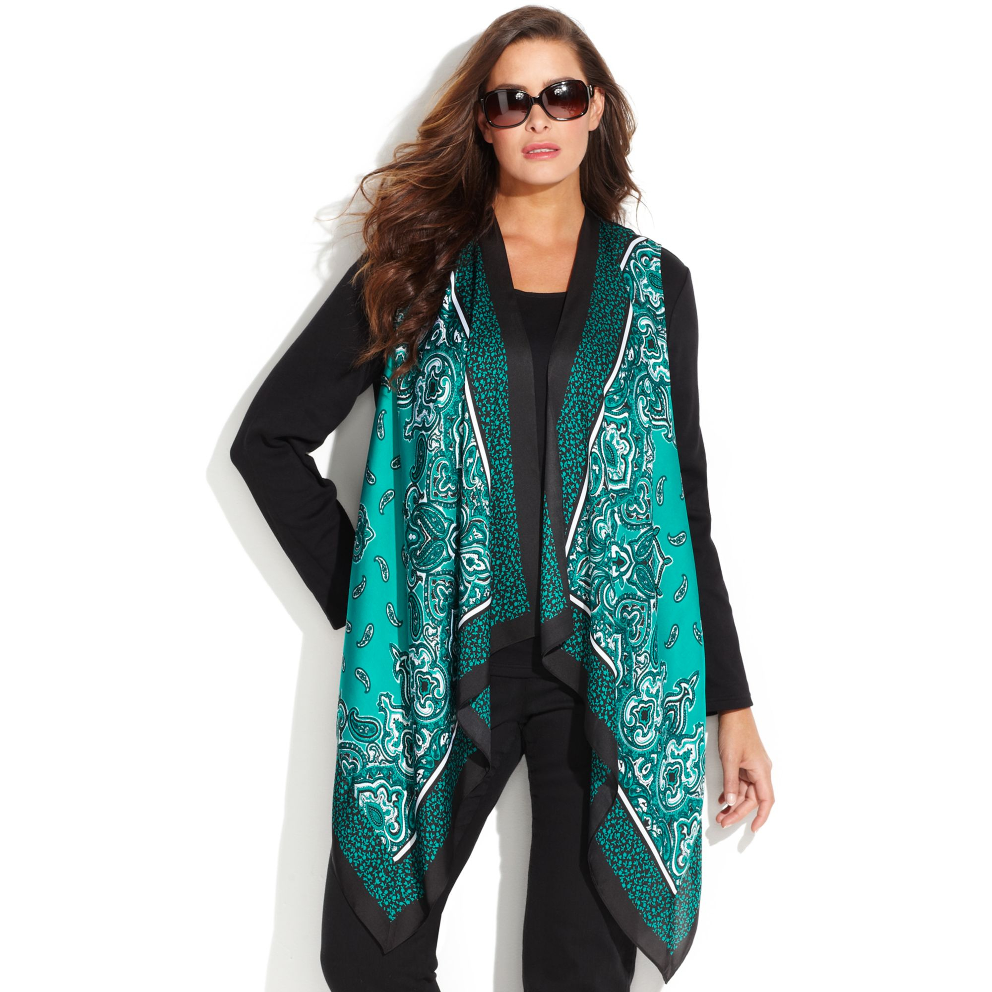 Michael Kors Plus Size Draped Scarfp Print Vest in Green (Island Blue