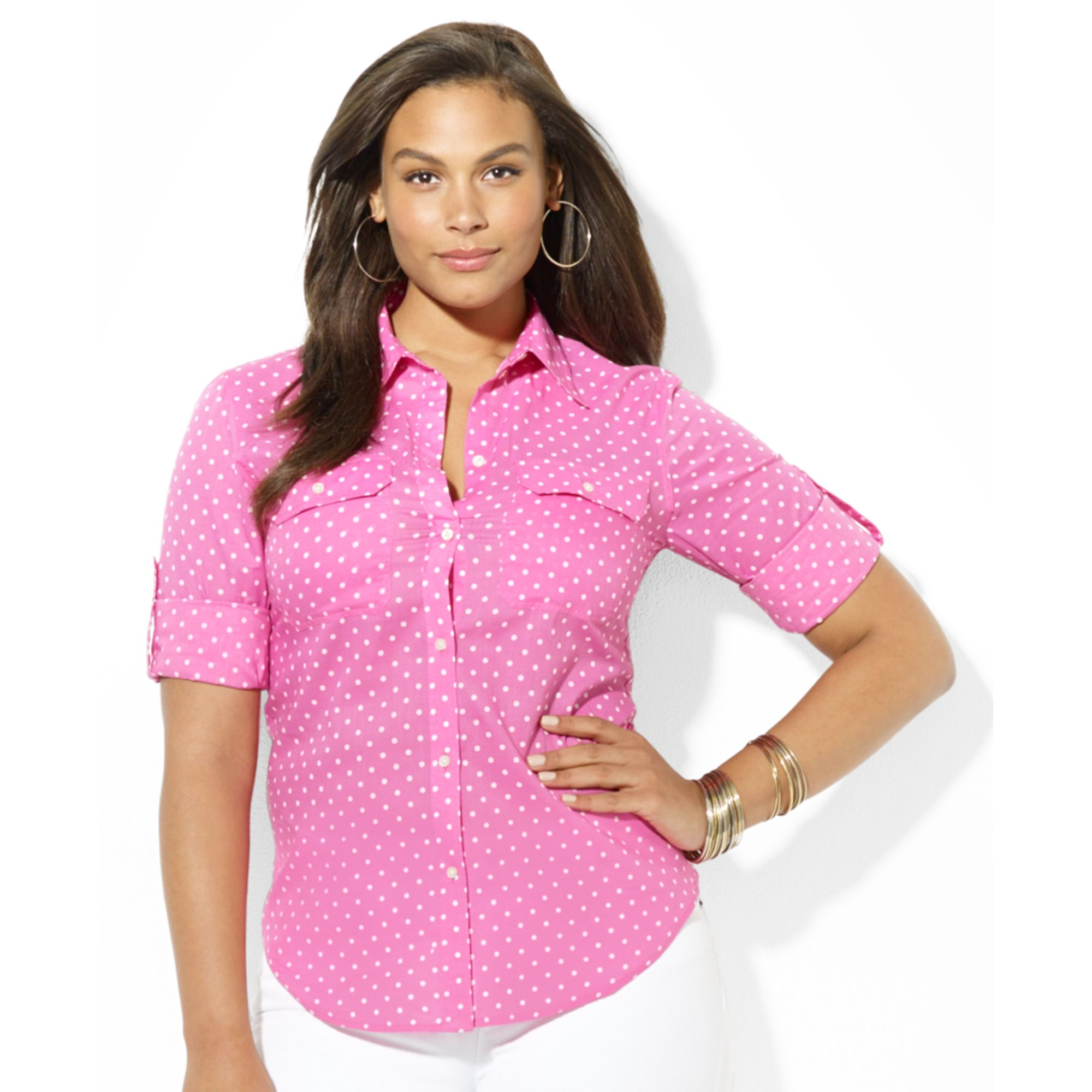 Lauren By Ralph Lauren Plus Size Rolltabsleeve Polkadot Shirt in Pink