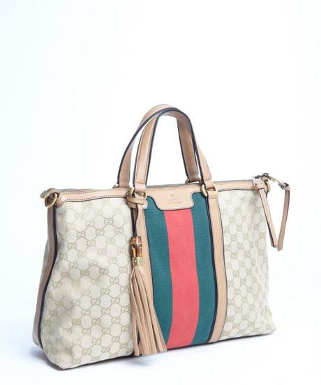Gucci Tan Leather Trimmed Canvas Ssima Pattern Convertible Tote Bag in Green (tan) | Lyst