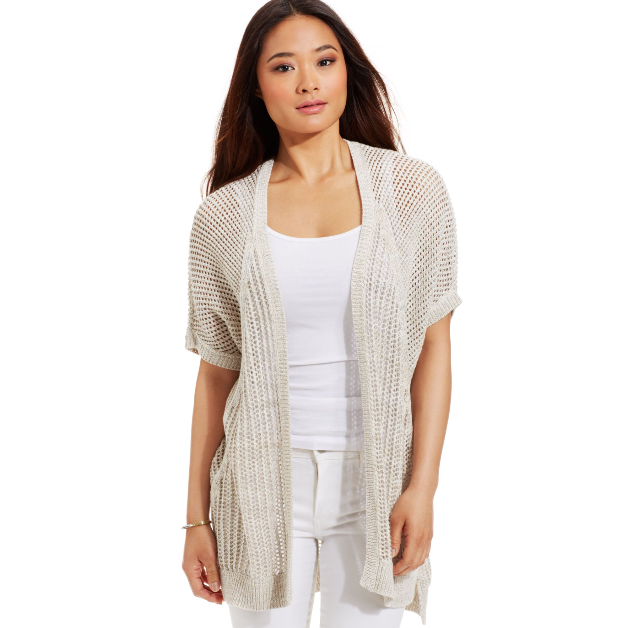 Dkny Shortsleeve Marledknit Cardigan in Beige (Oatmeal Heather) Lyst