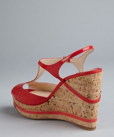 Prada Red Patent Leather And Cork Peep Toe Wedges In Red Lyst 6463