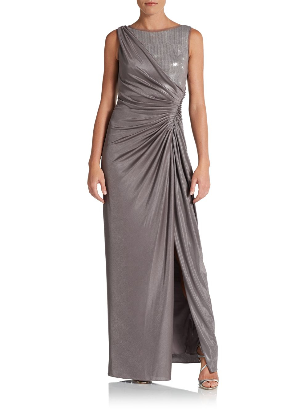 Adrianna Papell Metallic Jersey Sequin Evening Dress in Silver