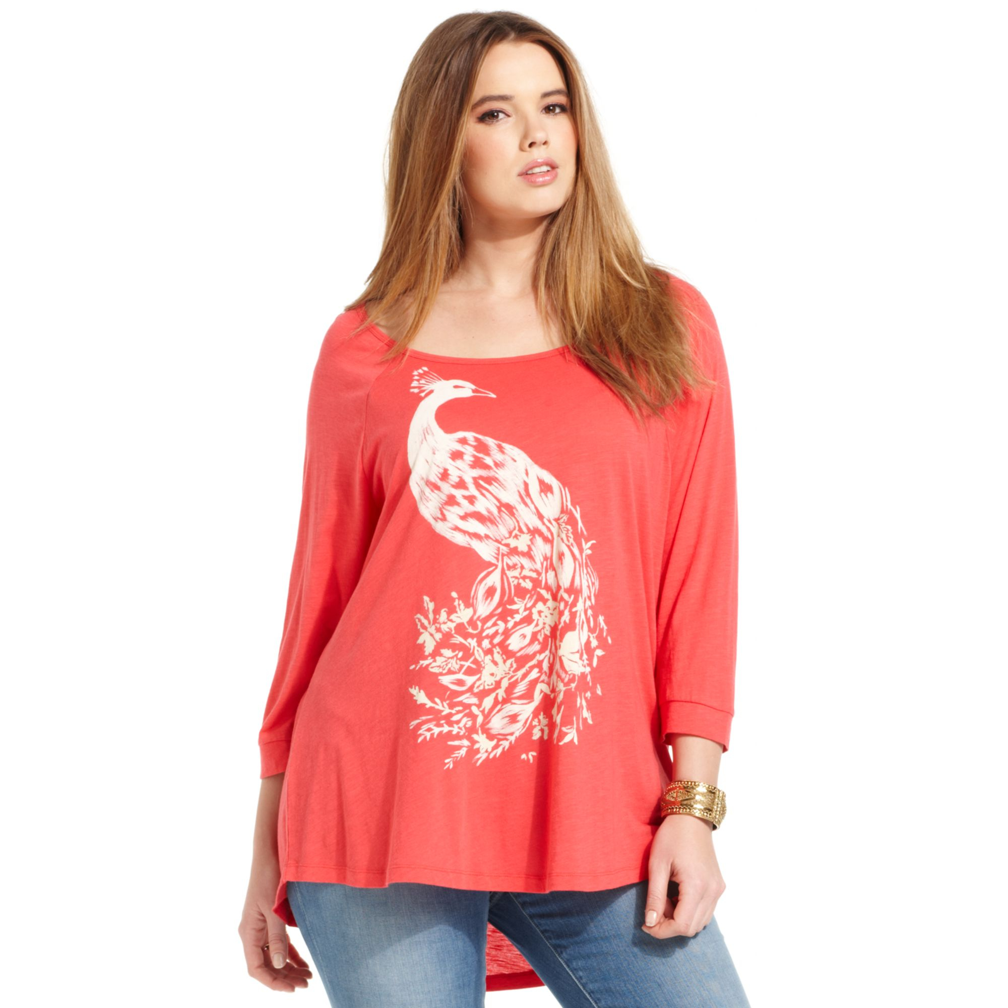 Lucky Brand Plus Size Three Quarter Sleeve Peacock Print Top In Orange Poinsettia Lyst 