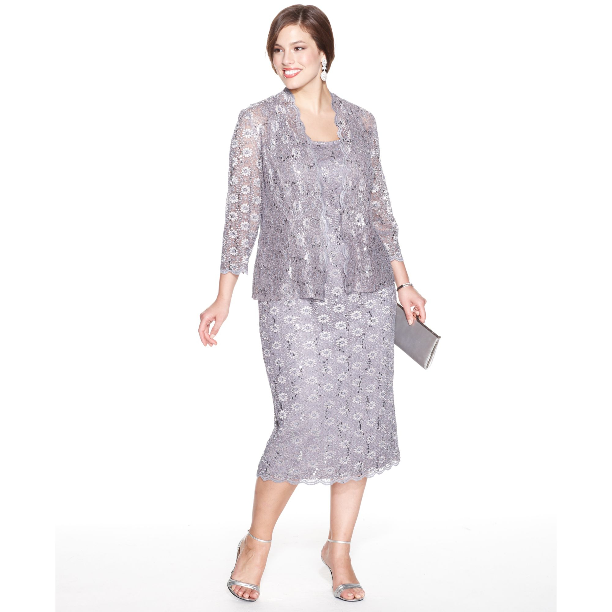 Alex Evenings Plus Size Sequin Lace Dress And Jacket In Gray Pewter