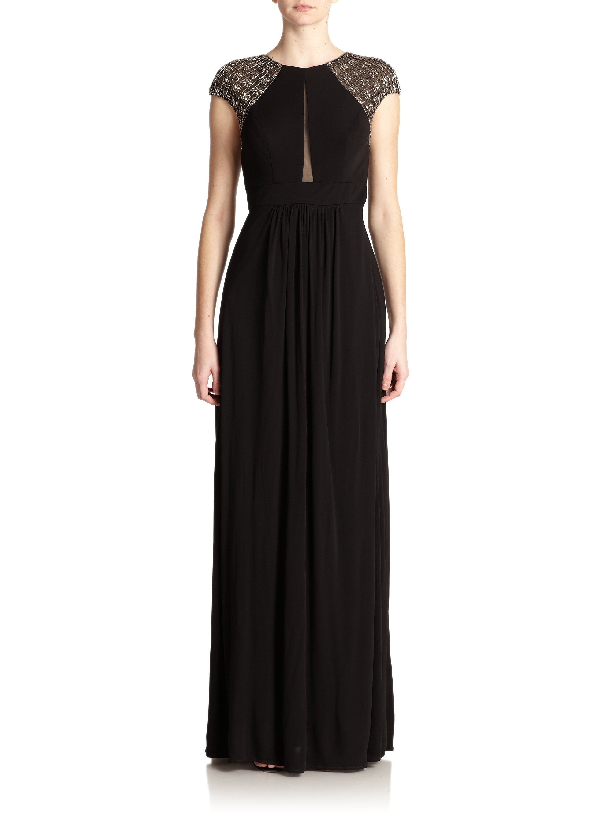 Ml Monique Lhuillier Beaded-Sleeve Jersey Gown in Black | Lyst