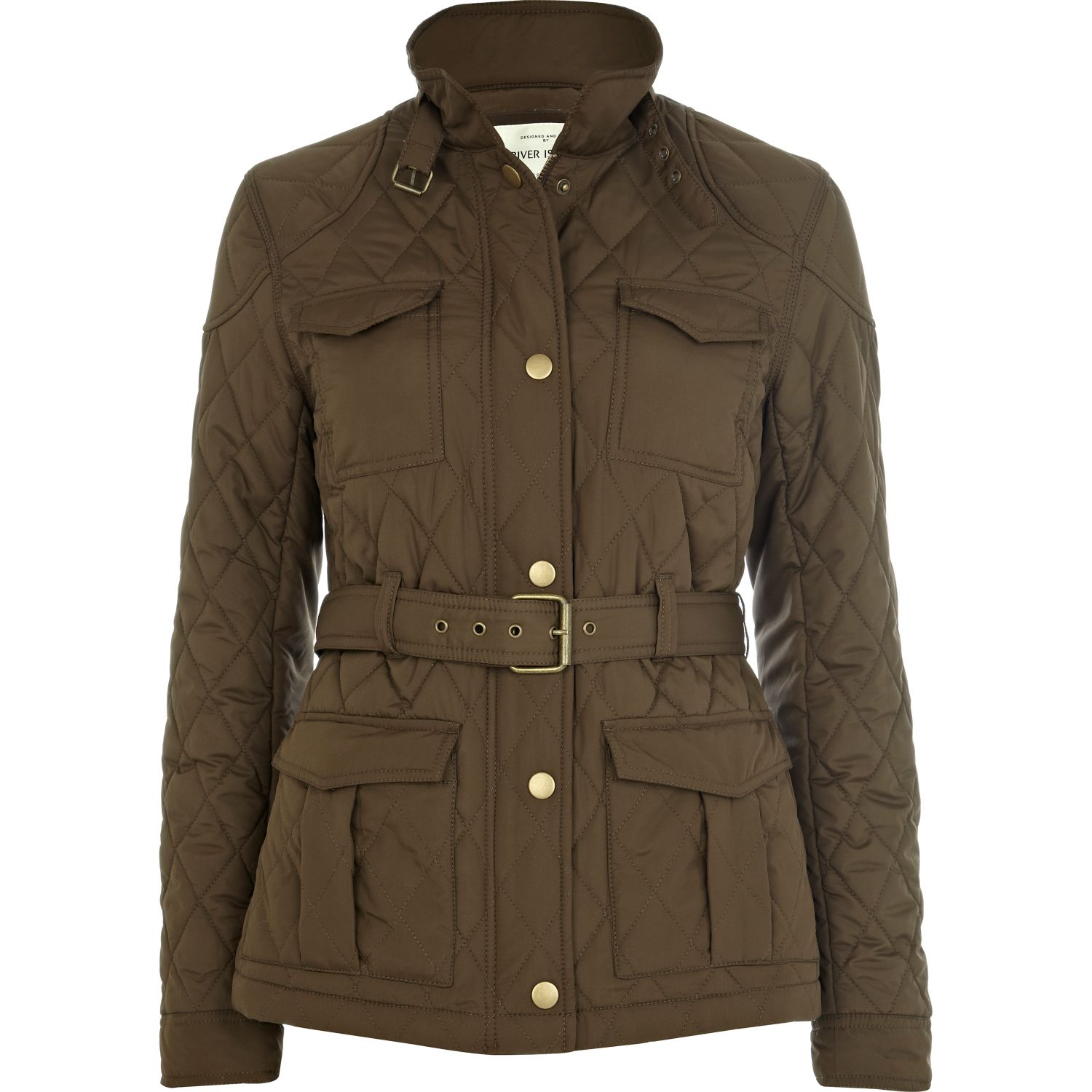 River Island Khaki Quilt Belted Jacket in Khaki Lyst