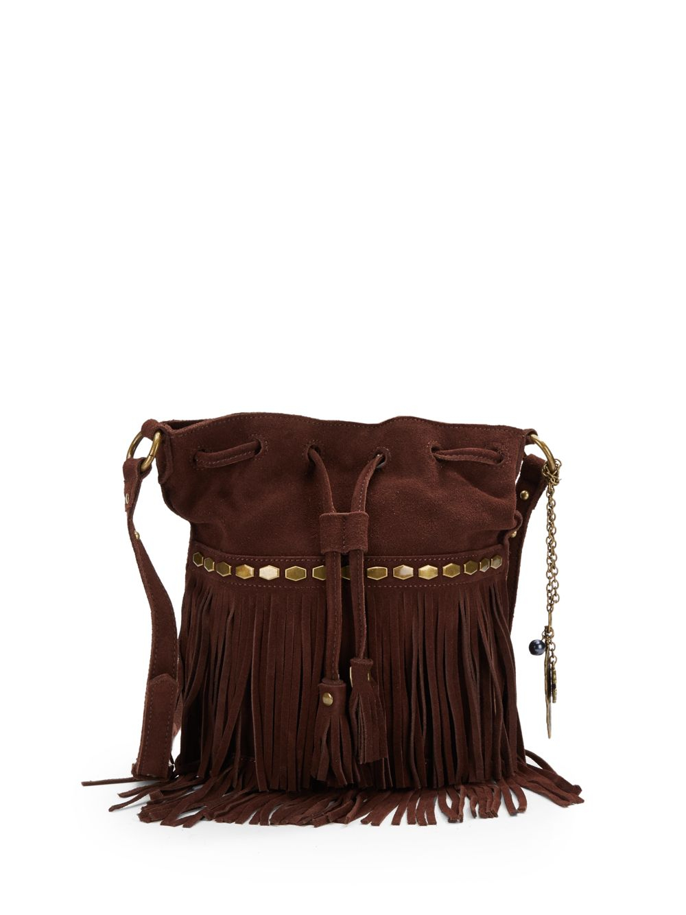 Lucky Brand Nirvana Suede Fringed Drawstring Crossbody Bag in Brown