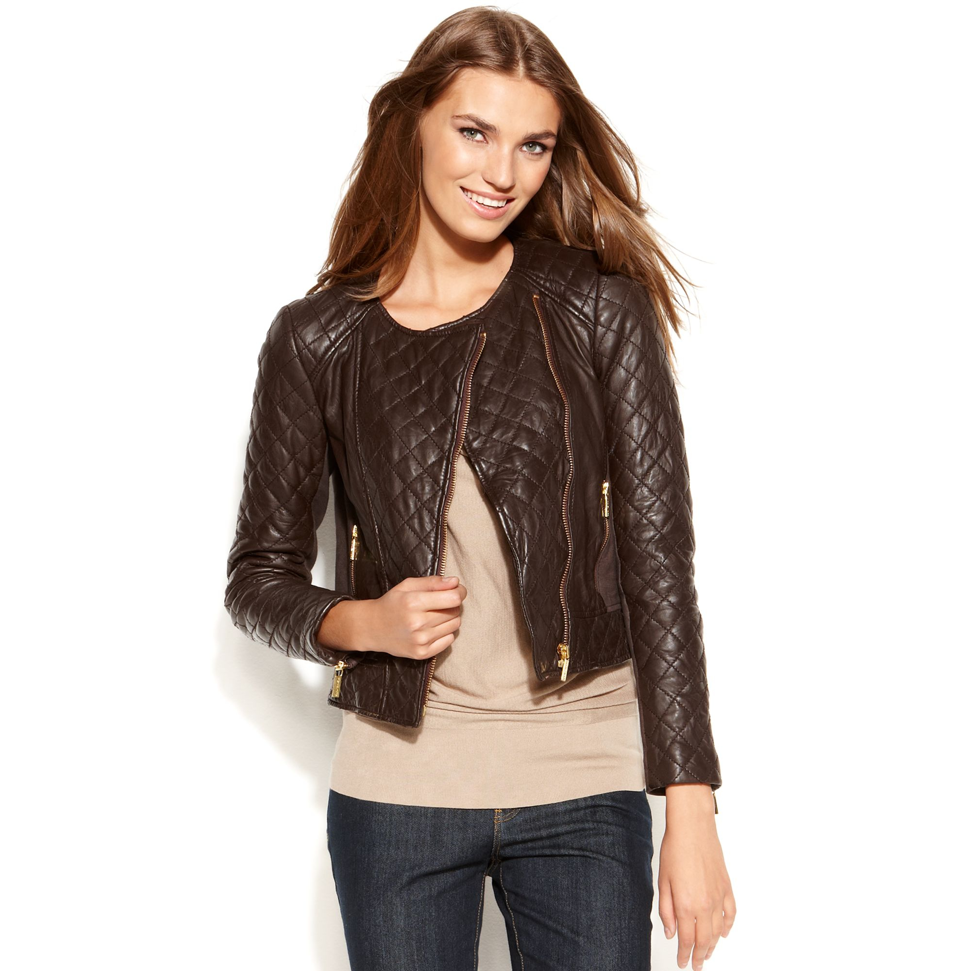 Michael Kors Michael Longsleeve Quilted Leather Moto Jacket in Brown ...