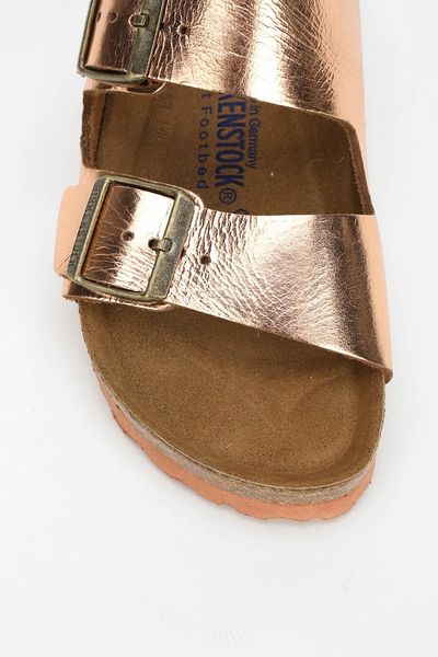 Birkenstock Arizona Metallic Leather Slide Sandal in Gold (COPPER ...