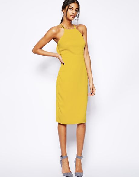 Asos Midi Dress With Drape Back Pencil in Yellow (Chartreuse)