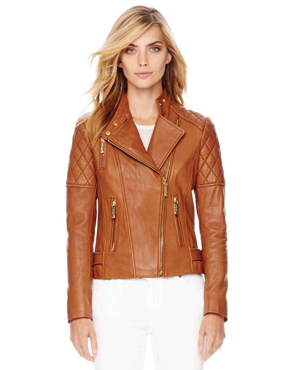 Michael Kors Michael Quilted Leather Jacket in Brown (LUGGAGE)