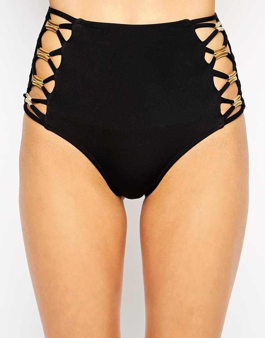 Asos Gold Trim Strap High Waist Bikini Bottom In Black Lyst