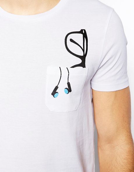 Asos Tshirt with Glasses and Headphones Printed Pocket in White for ...