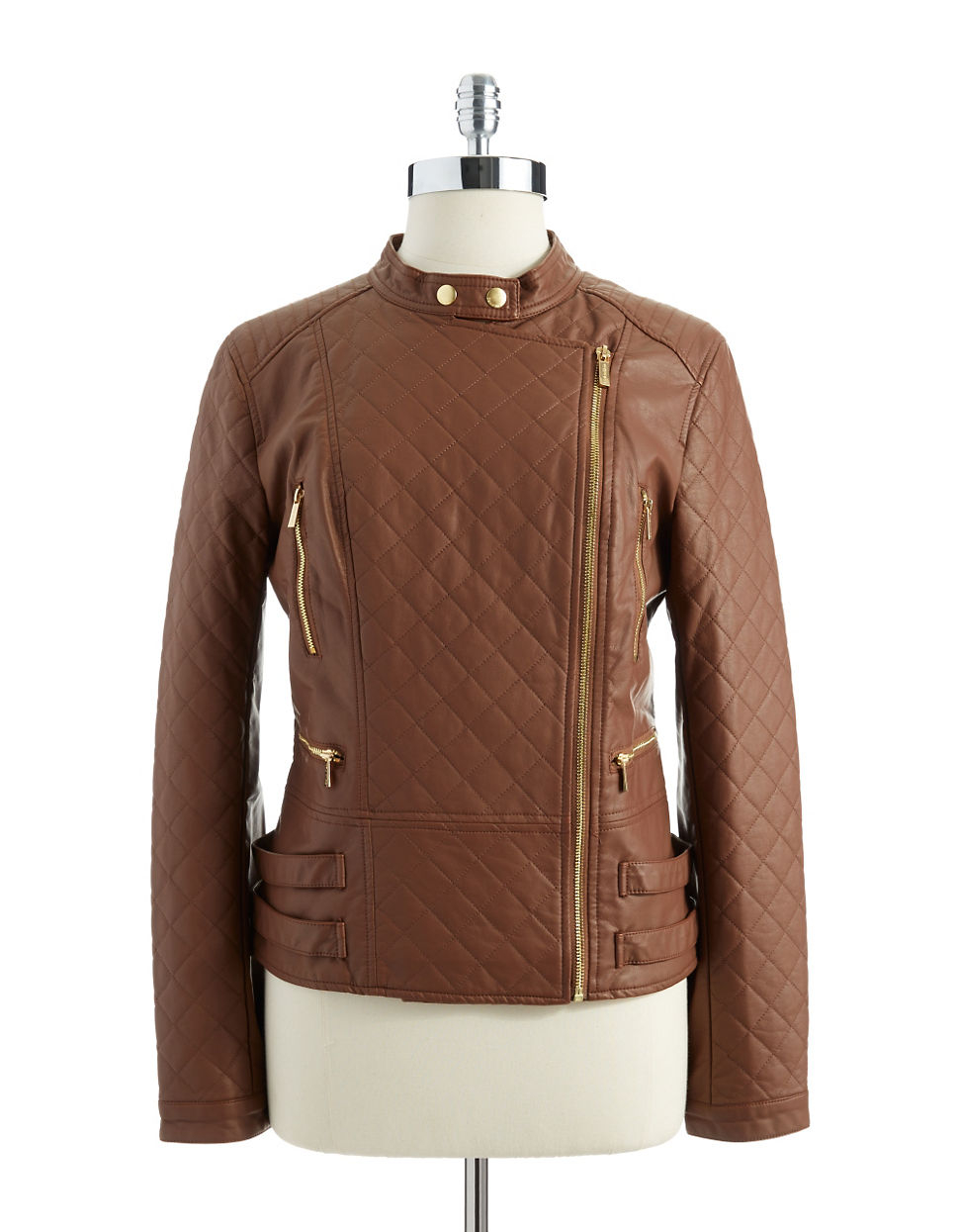 Made By Johnny Women's Faux Leather Quilted Motorcycle Jacket With Hood - XS Khaki