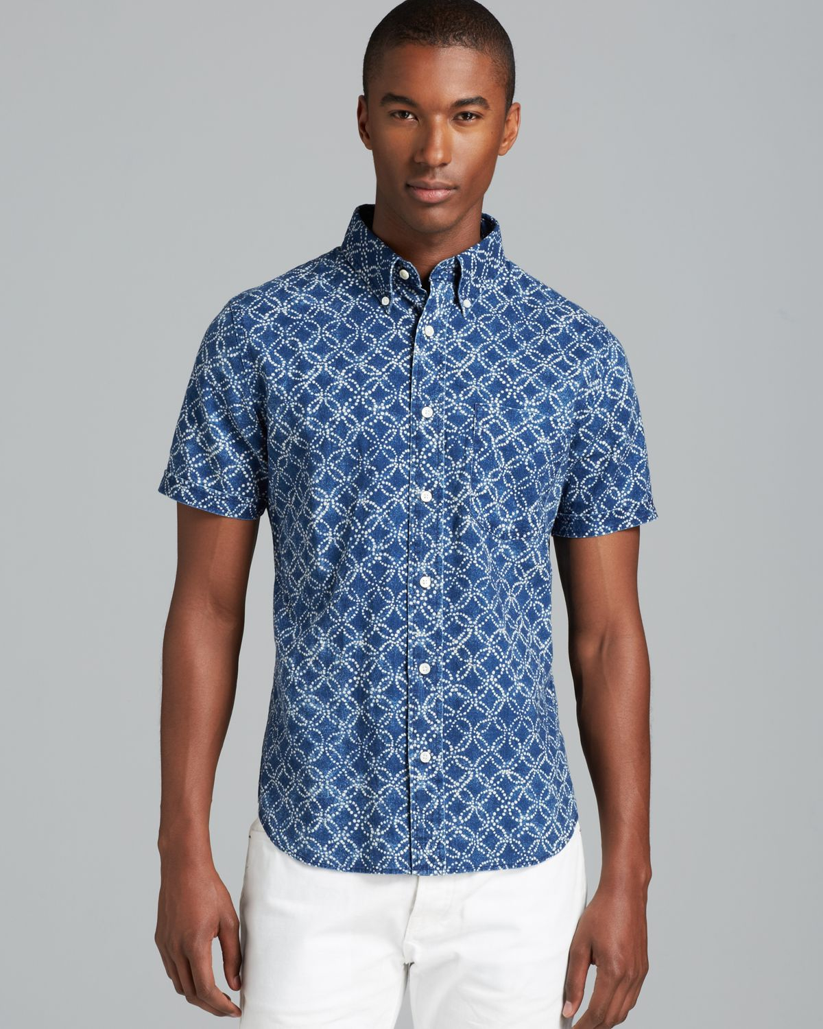 Jack Spade Circle Print Batik Short Sleeve Sport Shirt Slim Fit in Blue