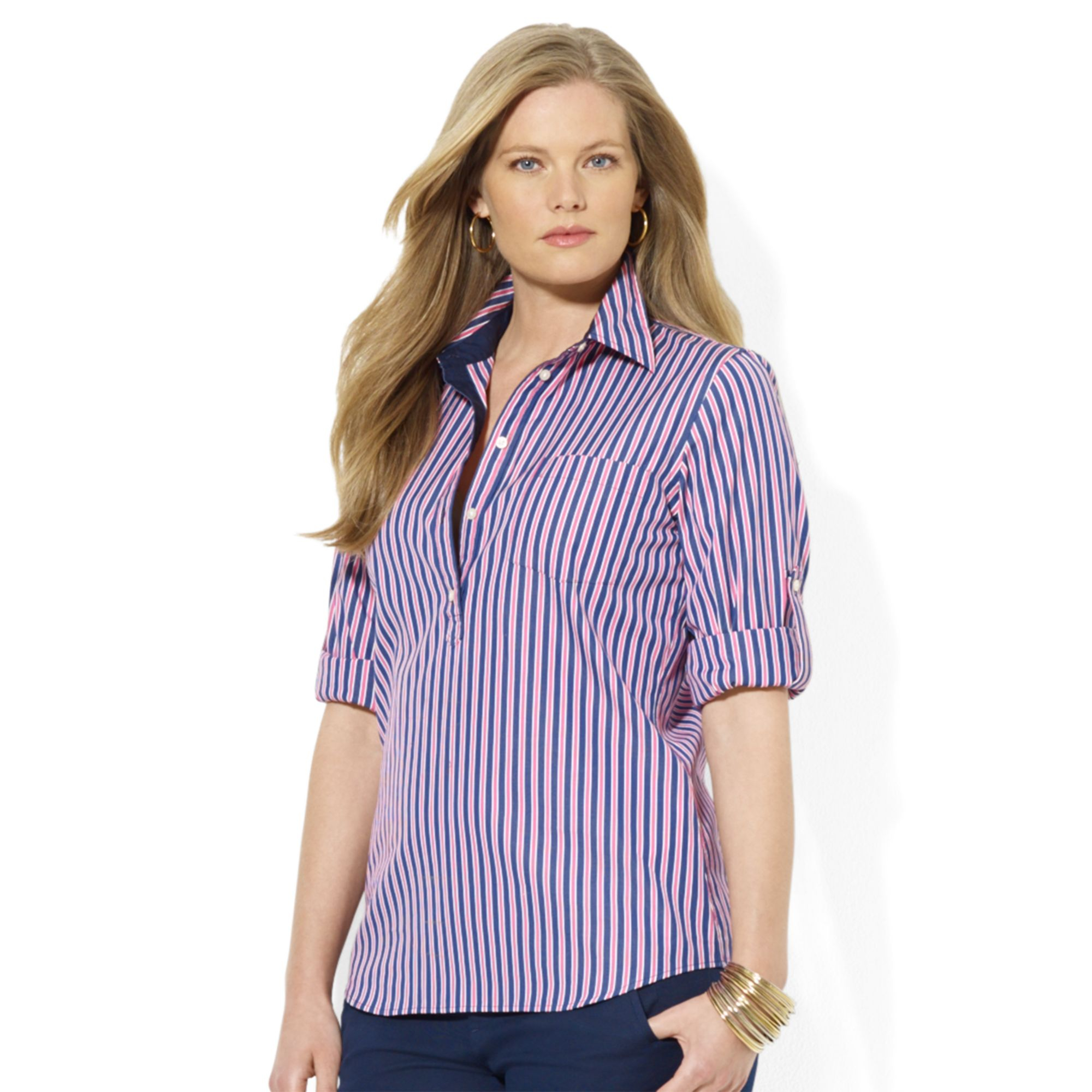 Lauren By Ralph Lauren Plus Size Rolltabsleeve Striped Shirt In Blue Navy Multi Lyst