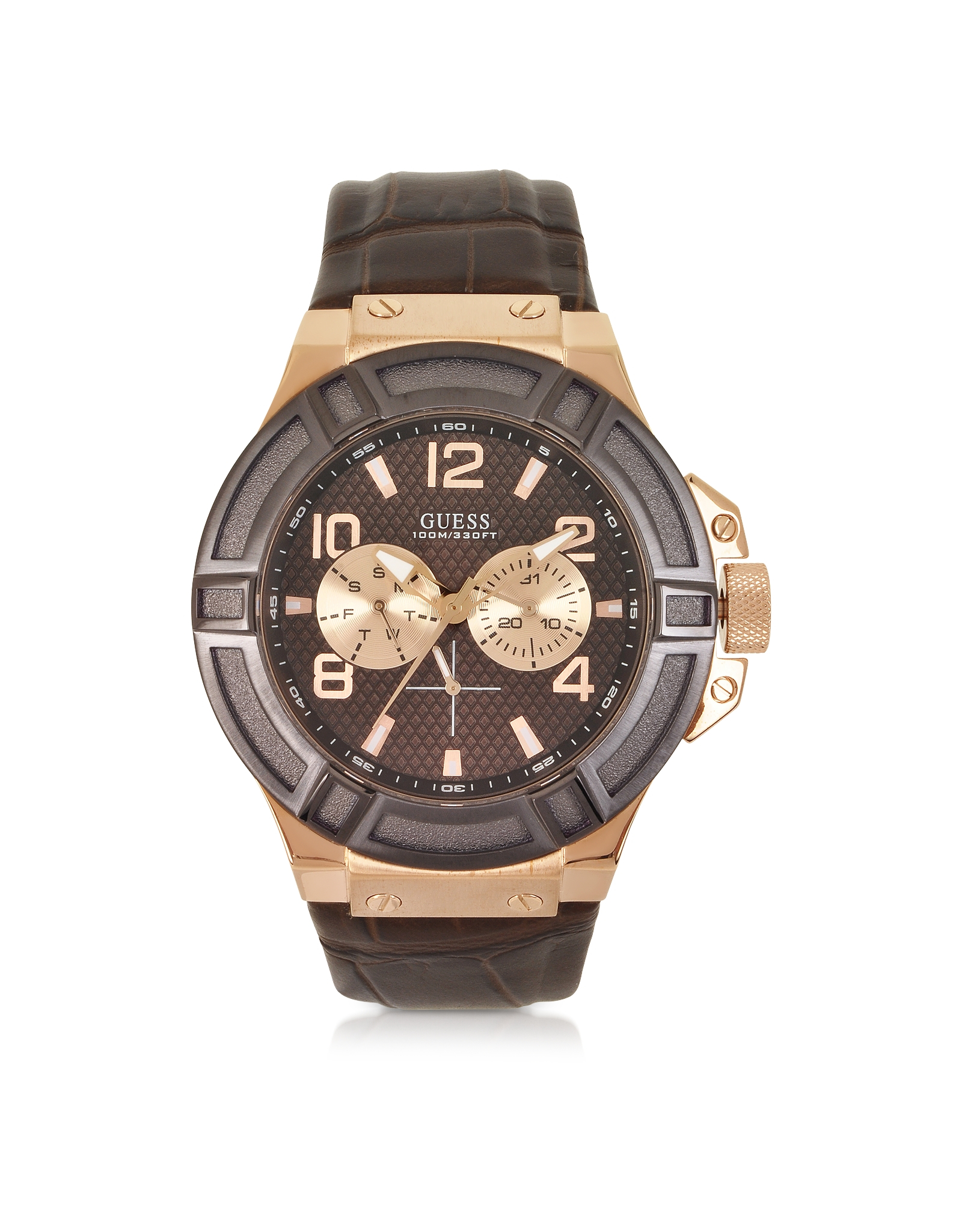 Guess Rigor Stainless Steel Chronograph Mens Watch Wembossed Leather