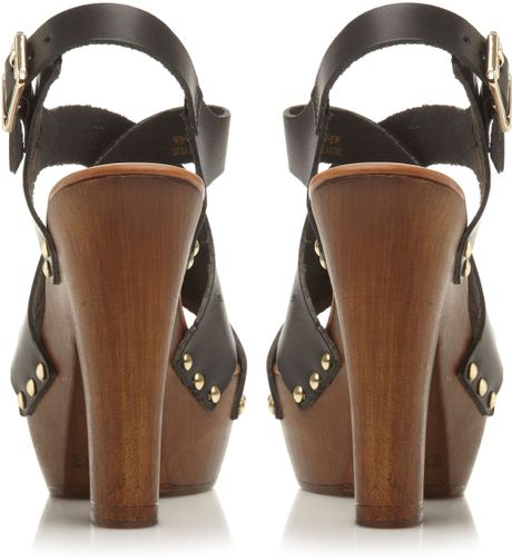 Steve Madden Liable Leather Strappy Wooden Heel Sandals in Black (Black Leather) | Lyst