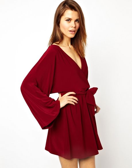 Asos Kimono Wrap Dress in Red (Berry) | Lyst