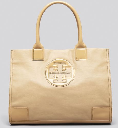 burch coated ella tory tote canvas mini beige camel