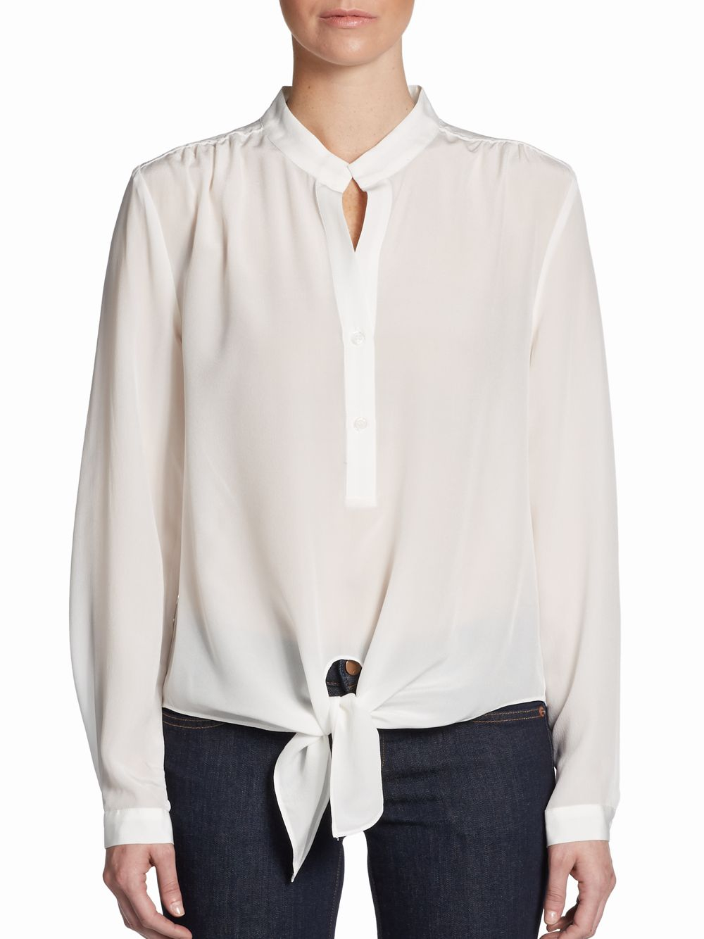 Saks Fifth Avenue Black Label Nehru Silk Knot Front Blouse In White Lyst