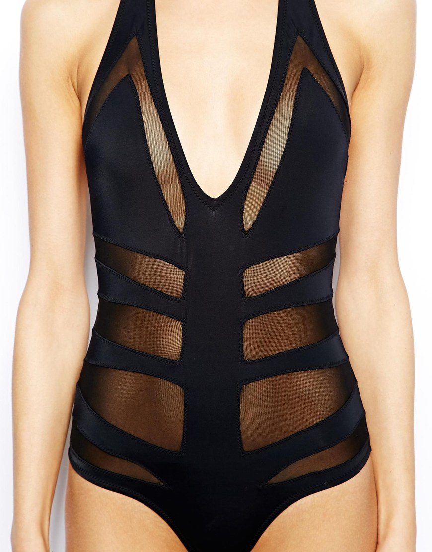 Lyst Asos Caged Mesh Insert Plunge Halter Swimsuit In Black