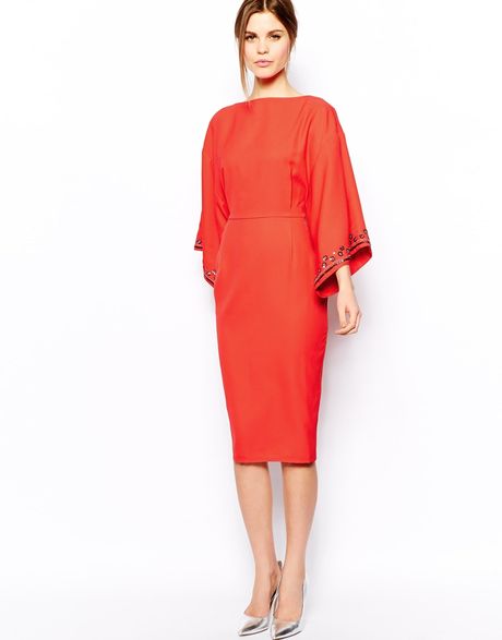 Asos Kimono Dress with Floral Sequin Trim in Red (Coral) | Lyst