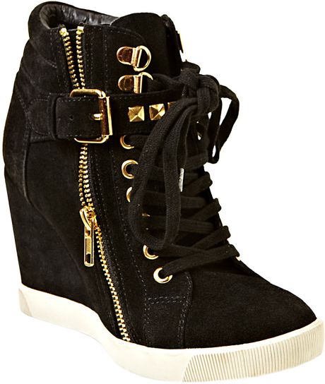 Steve Madden Obsess Suede Wedge Sneakers in Black | Lyst