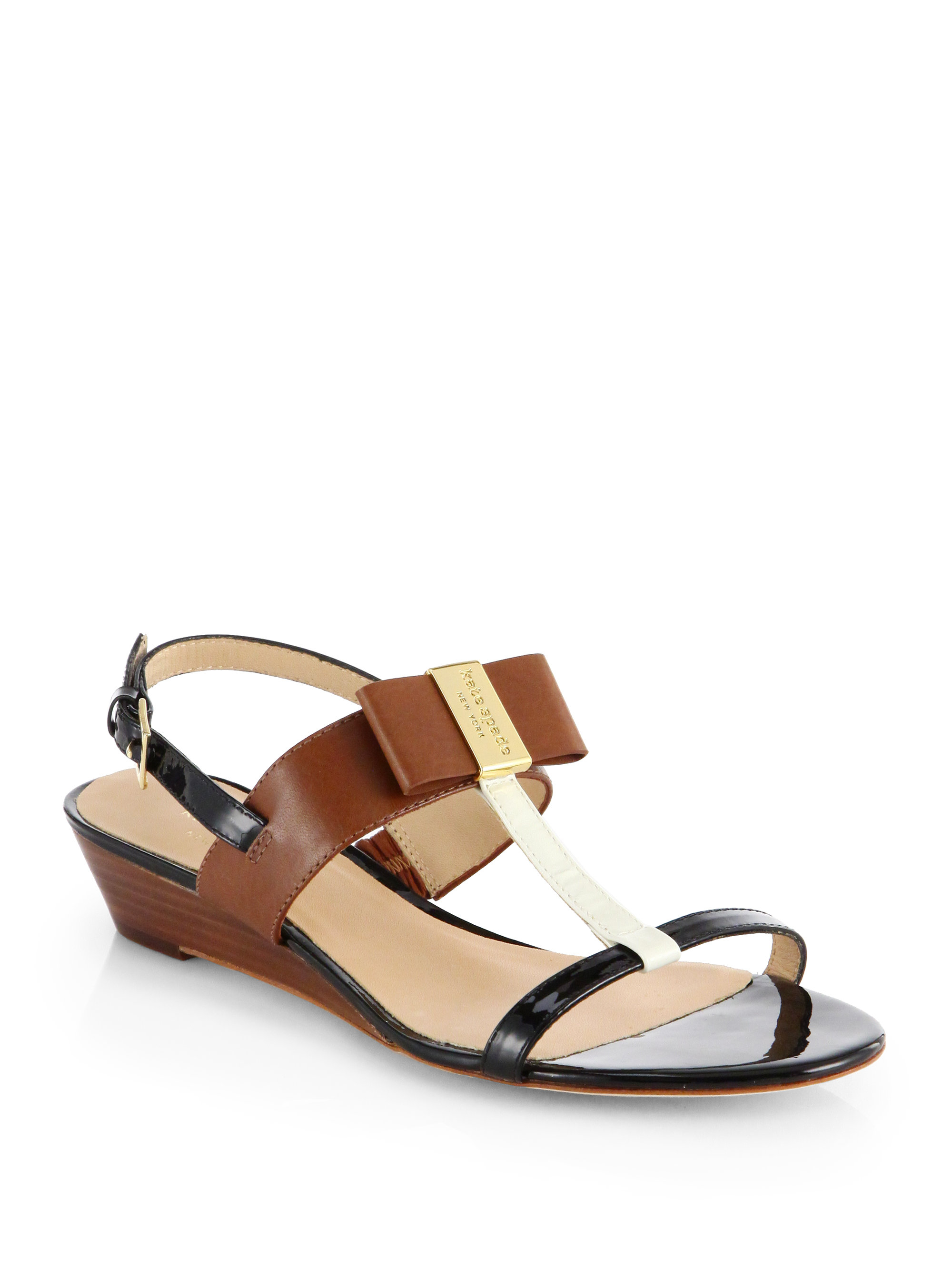 Kate Spade Vinny Leather T Strap Wedge Sandals in Black (CREAM) | Lyst