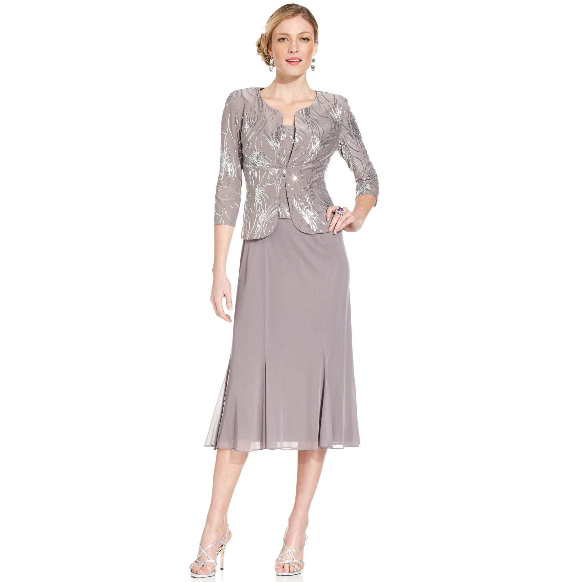 ... Petite Sleeveless Sequin Midi Dress And Jacket in Silver (Pewter