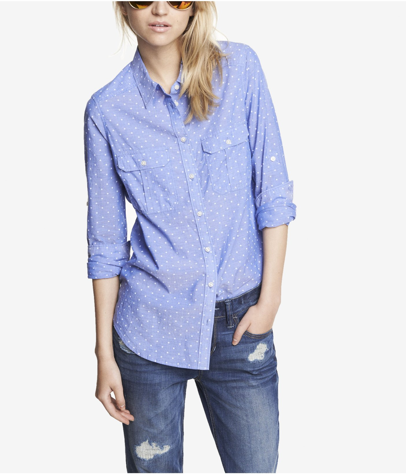 royal blue polka dot shirt