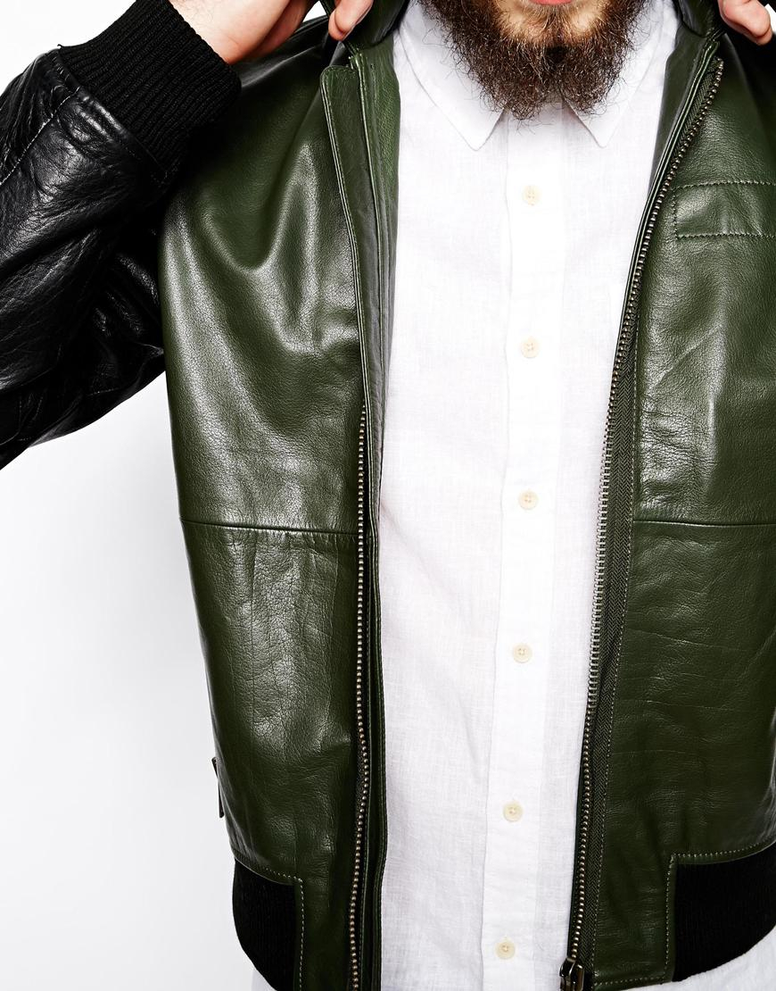 Wood Wood Leather Jacket with Contrast Sleeve in Green for Men Lyst