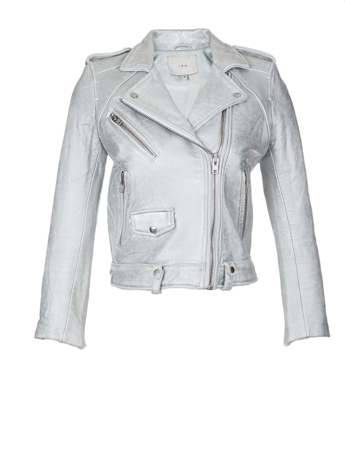 Iro Metallic Leather Moto Jacket in Silver Lyst