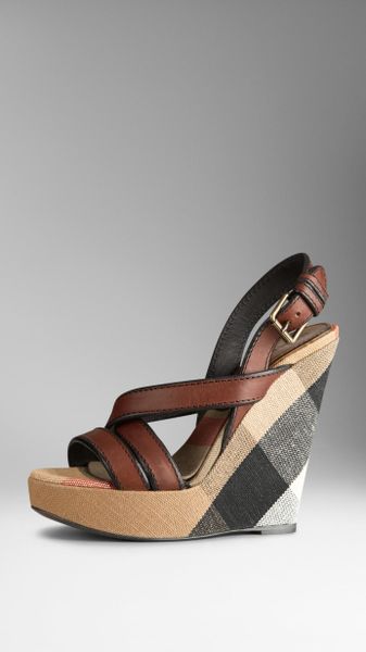 Burberry Canvas Check Leather Platform Wedges in Brown (dark tan ...