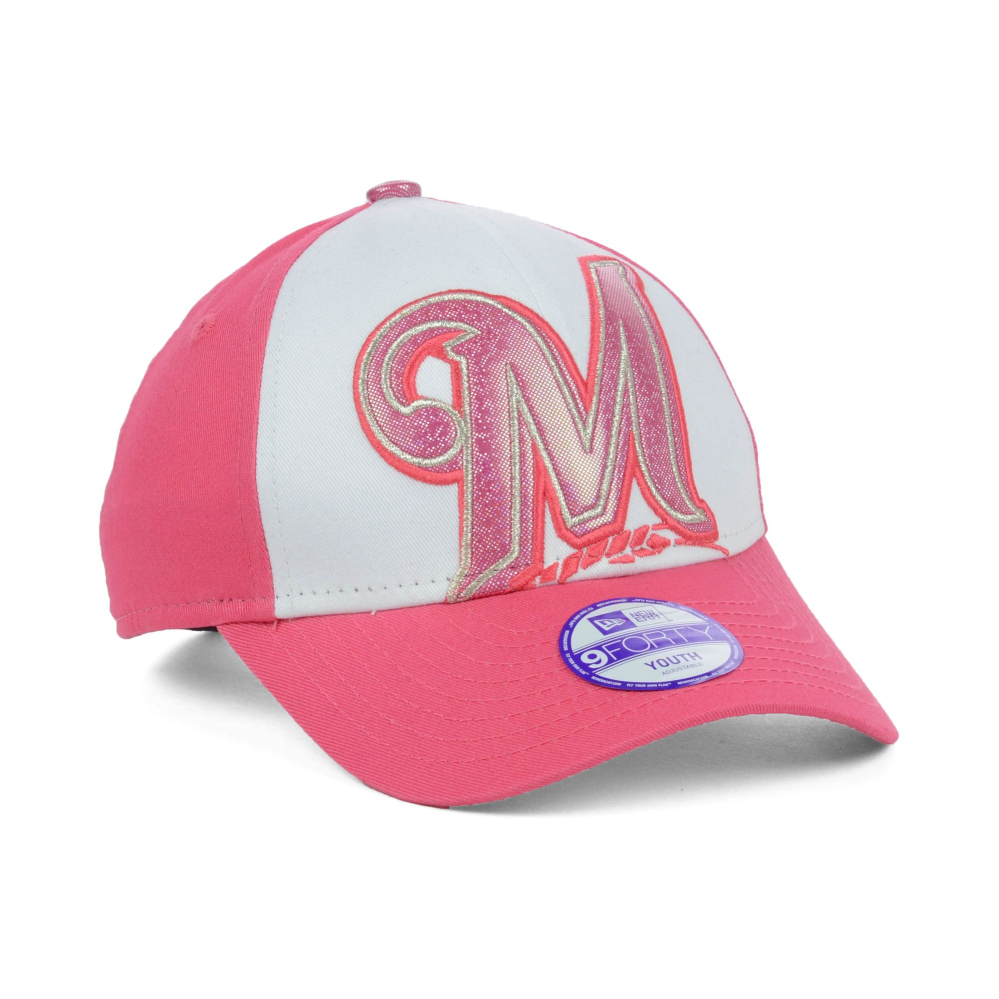 New Era Kids Milwaukee Brewers Glitter Filler 9forty Cap in Pink (White