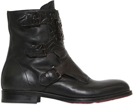 John Richmond Oiled Leather Metal Plaque Ankle Boots in Black for Men