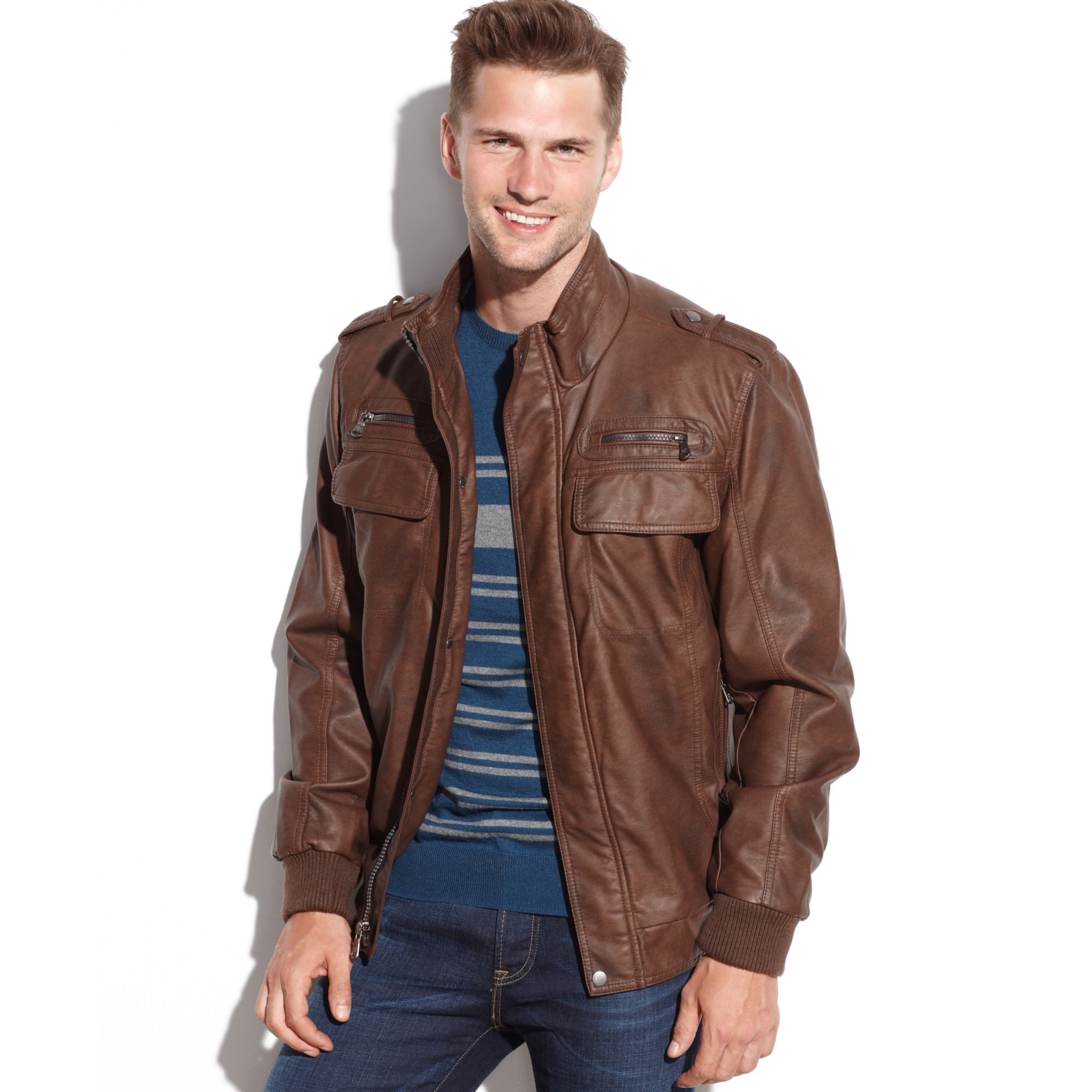 Calvin Klein Faux Leather Bomber Jacket in Brown for Men