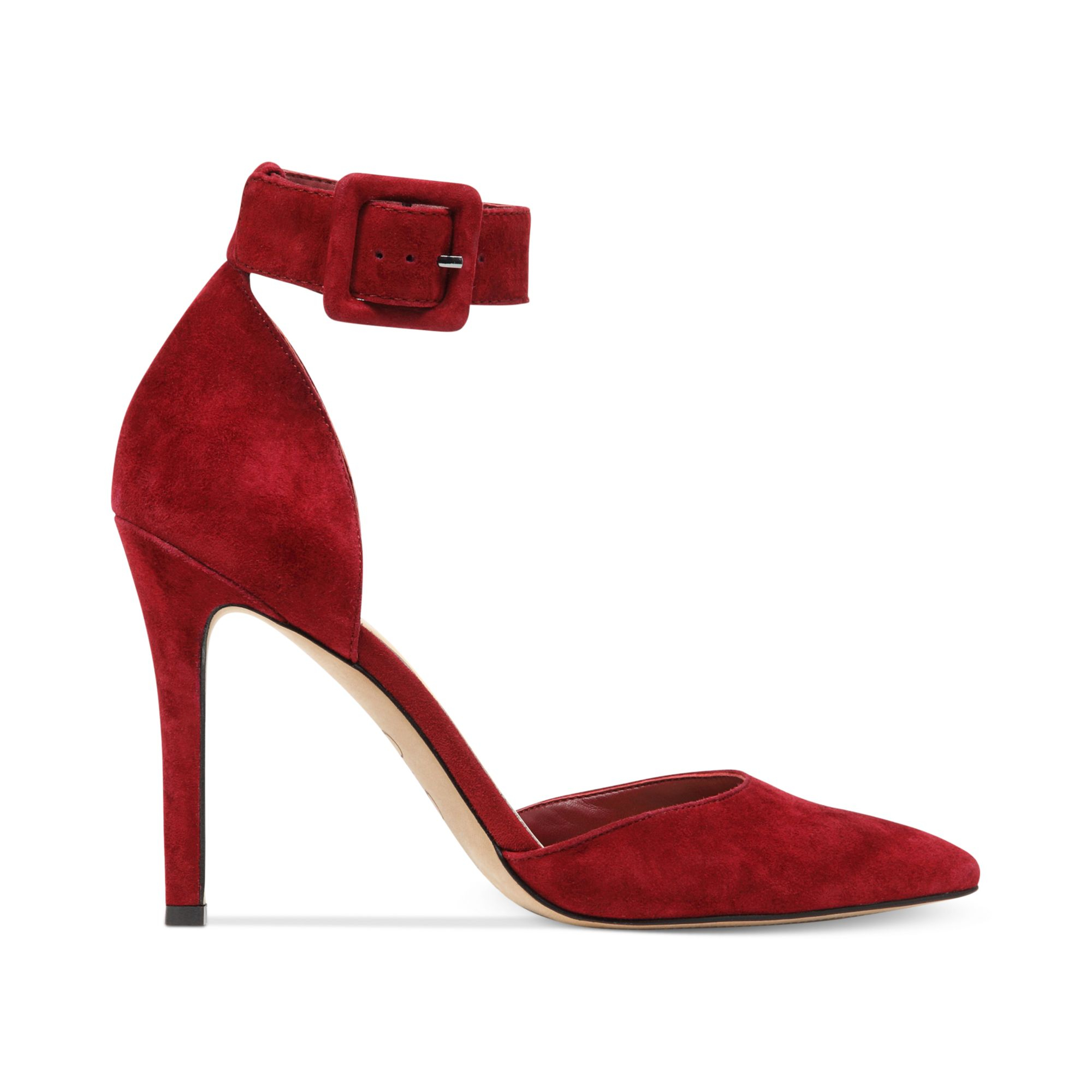 red ankle strap pumps
