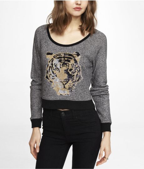Express Cropped Graphic Sweatshirt Sequin Tiger in Gray (GRAY HEATHER) | Lyst