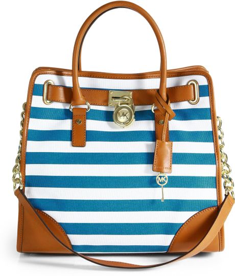 michael kors blue and white striped tote bag