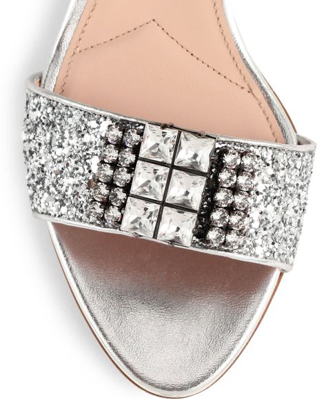 Miu Miu Jeweled Glitter Kittenheel Sandals in Silver (ARGENTO-SILVER ...