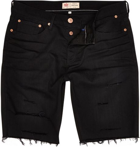 River Island Black Ripped Frayed Hem Denim Shorts In Black For Men Lyst